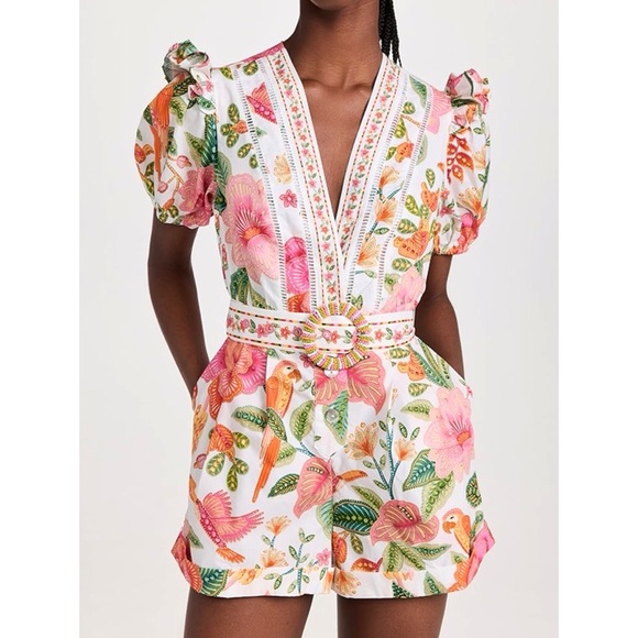FARM Rio Pants - NWT FARM Rio Pink, Green & Orange Tropical Floral Belted Romper